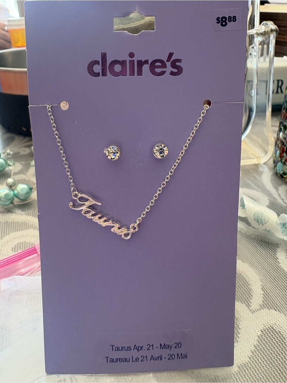 Claire's Silver Taurus Nameplate Necklace & Crystal Studs - Silver